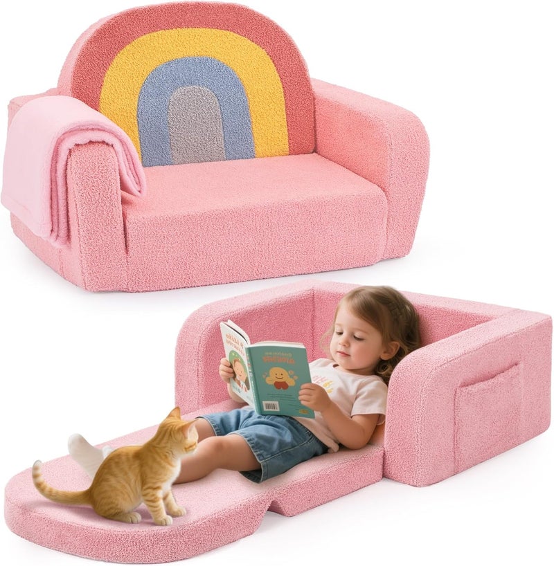 Foryoomi Kids Couch, 2-in-1 Soft Toddler Couch Fold Out with Blanket, Comfy Toddler Chair, Convertible Sofa, Gifts for Kids Girl Boys, Medium Colorful Pink Rainbow - Image 1